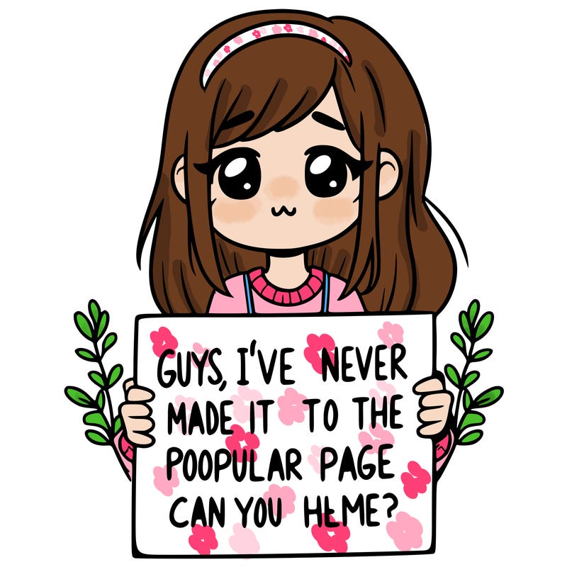 a girl holding up a sign that says, guys, i’ve never made it to the popular page, can you help me?