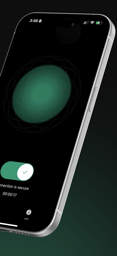 Interface do aplicativo Adios Alpha no iPhone mostrando o status de conexão criptografada segura e ativa com um botão verde