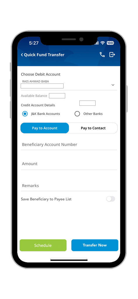 JKB mPay Delight+ - Quick Fund Transfer screen of the JK Bank mPay Delight plus app