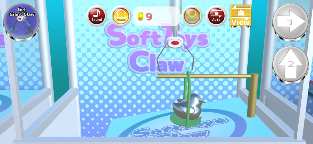 Soft Toys Claw : Claw Machine - Pantalla de juego de la máquina Soft Toys Claw con un premio de pájaro metálico y controles de arcade.