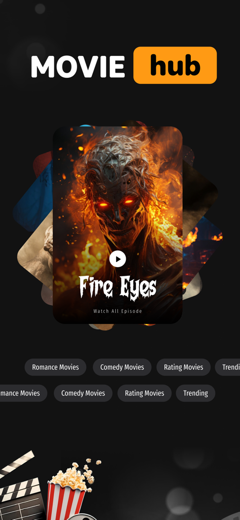Movies Hub : Movies & TV Shows - Home screen of the Movies Hub app showcasing the movie Fire Eyes and various categories like Romance and Comedy.