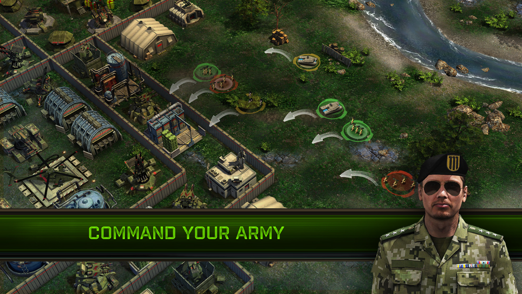 Arma Mobile Ops - Strategic gameplay view of units attacking a military base with the text Command Your Army in Arma Mobile Ops.