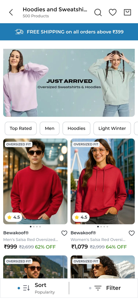 Bewakoof App-Interface zeigt eine Kollektion von oversized roten Kapuzenpullovern und Sweatshirts für Herren und Damen.