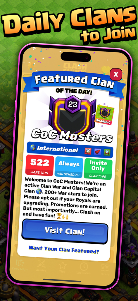 CoC Fanatic for Clash of Clans - Captura de pantalla de la aplicación CoC Fanatic que muestra la función de clan destacado del día para unirse con estadísticas detalladas del clan