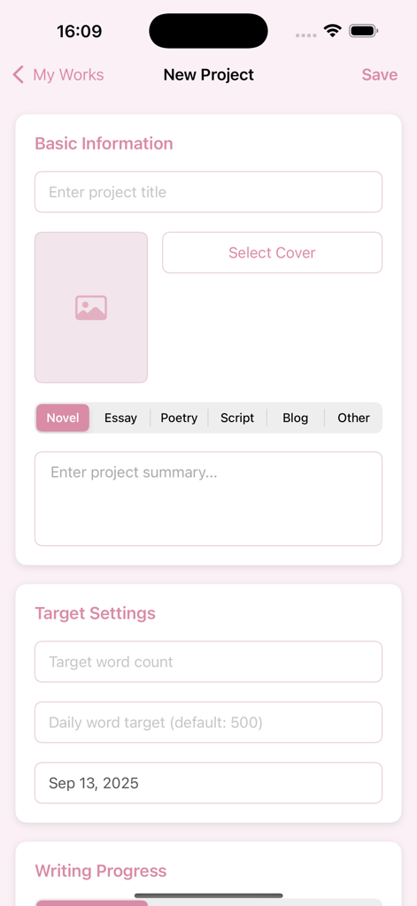 TexSmith interface for starting a new writing project with title category and word count goals