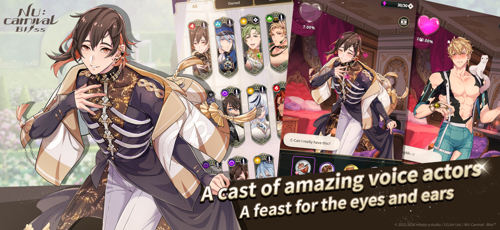 Imagen promocional de NU: Carnival - Bliss que muestra varios personajes masculinos de anime y destaca el elenco de voces japonesas.