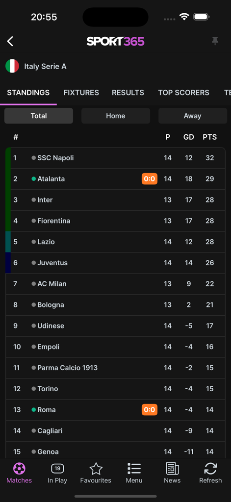 Sport365.com Live Score & News - Sport365 app interface showing Italian Serie A football league standings in dark mode