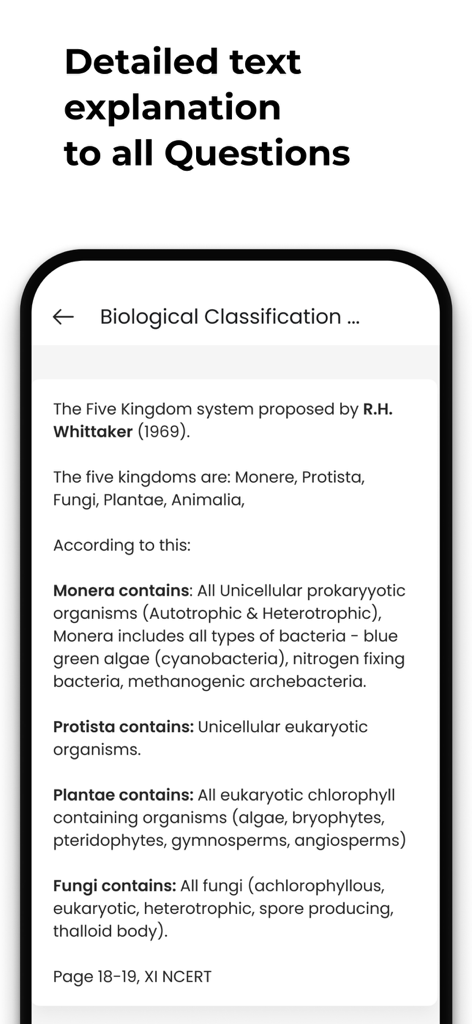 NEETprep Essential - Detailed text explanation of biological classification in NEETprep Essential app