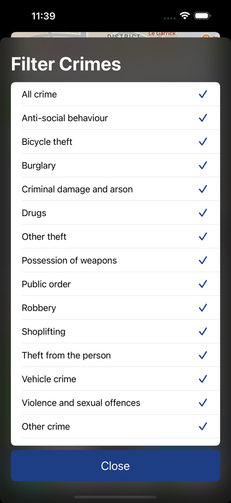 Eine mobile App-Oberfläche, die eine Liste von Kriminalitätskategorien anzeigt, um Suchergebnisse zu filtern