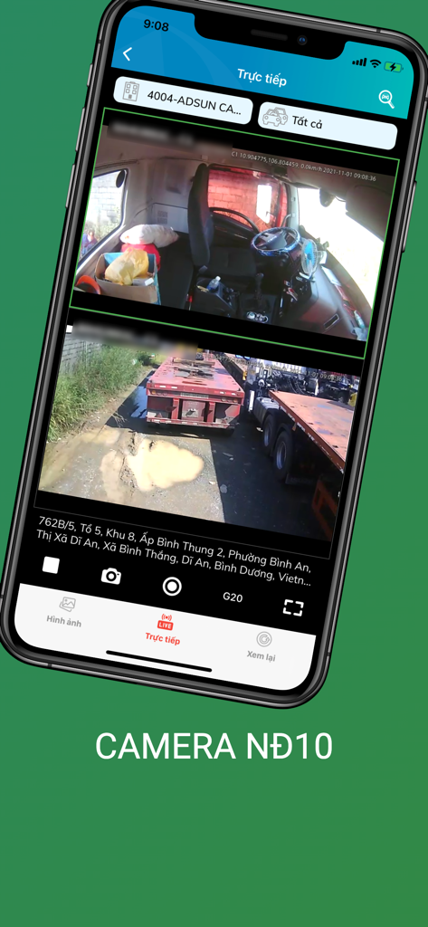 ADSUN - Interfaz de la aplicación ADSUN que muestra transmisiones de cámara interior y exterior en vivo para el rastreo de vehículos.