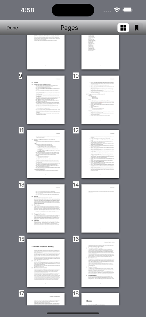 PDF Notes - PDF Notes 앱 내에서 썸네일로 표시되는 여러 PDF 페이지의 그리드 보기