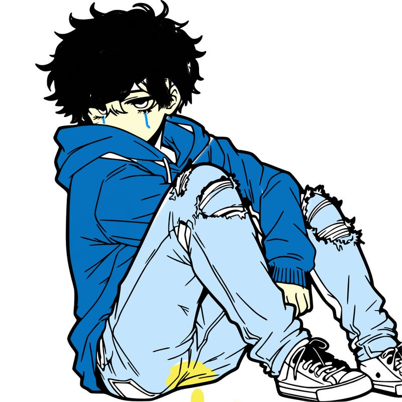 a male hoddie ripped jeans messy hair anime