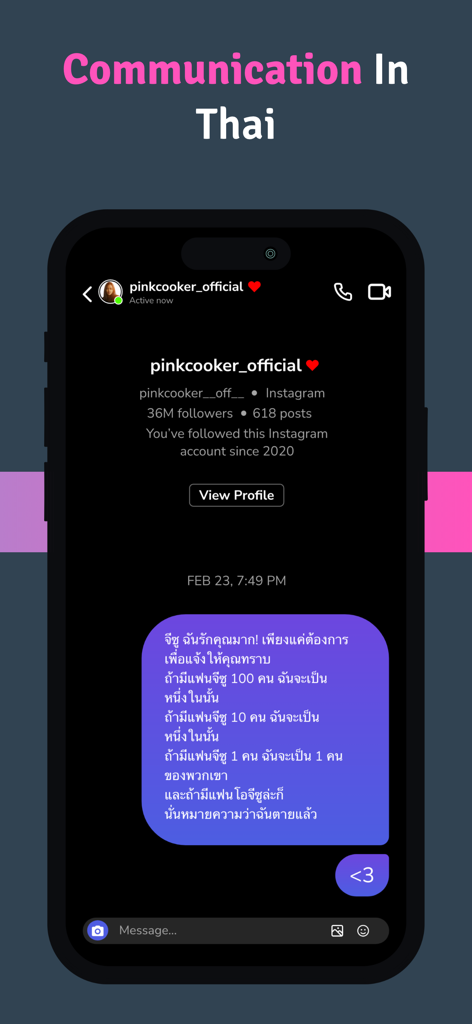 Thai Keyboard - Ein Smartphone-Bildschirm, der eine Instagram-Chat-Konversation in Thai-Schrift zeigt.