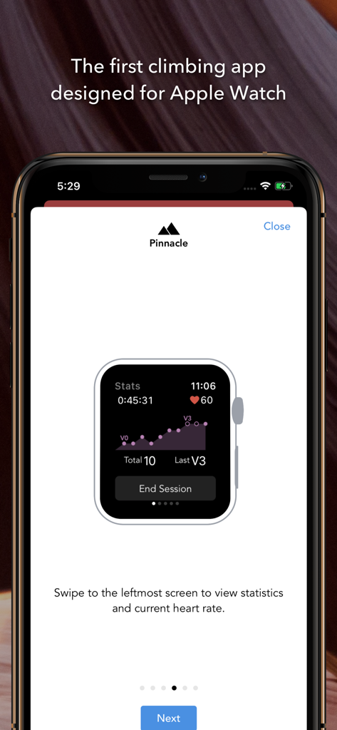 Pinnacle climbing app interface showing session statistics and heart rate on Apple Watch
