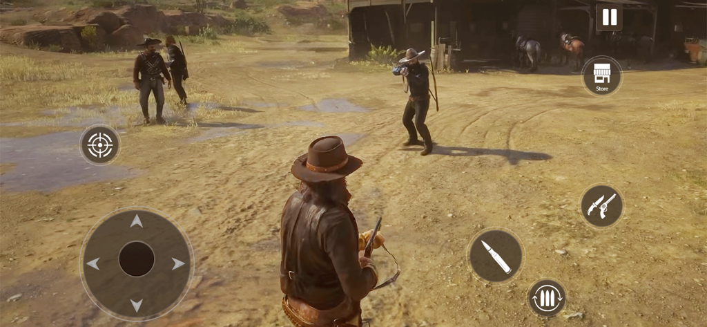 Wild West Cowboy Redemption 3D - 3D third-person gameplay showing a cowboy character facing an opponent in a dusty frontier town