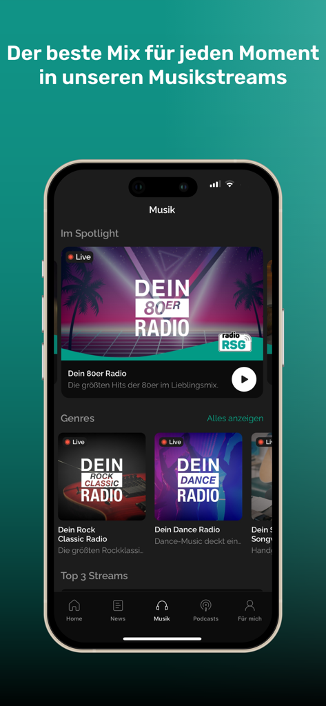 Radio RSG - Radio RSG app music section showing various radio streams including 80s, Rock Classic, and Dance genres.