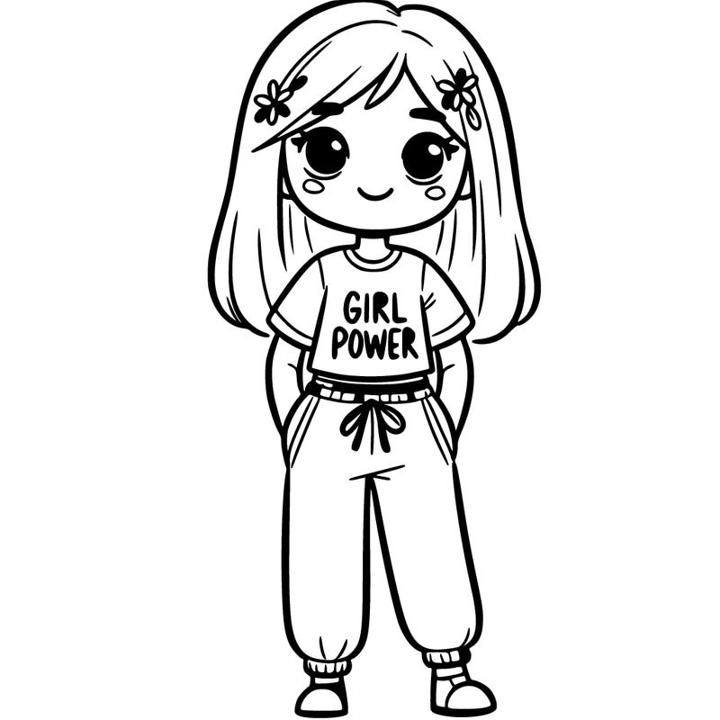a girl wearing sweat pants anda t shirt that says girl power