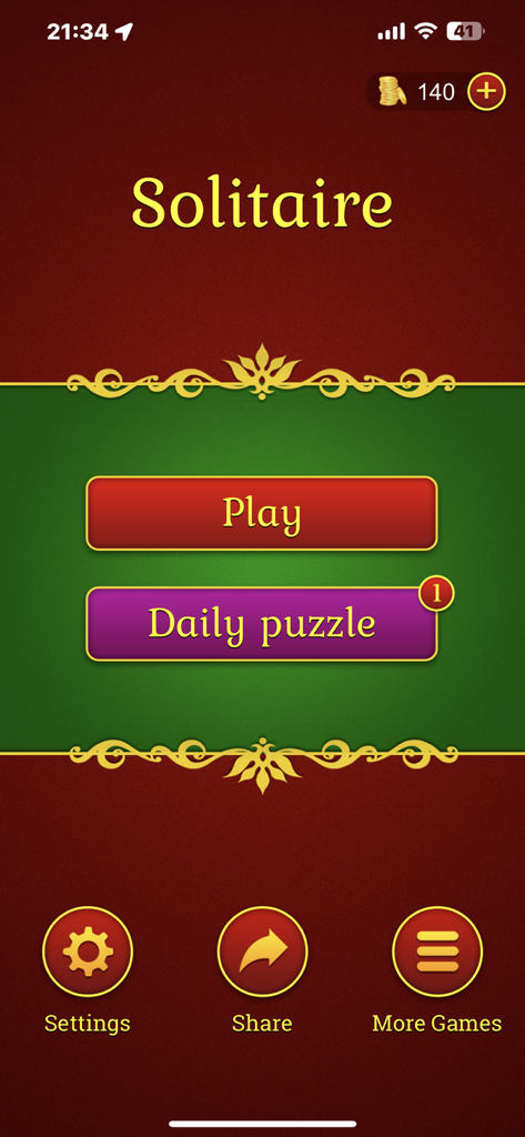 The main menu screen of a classic solitaire card game featuring play and daily puzzle buttons with a vintage design.