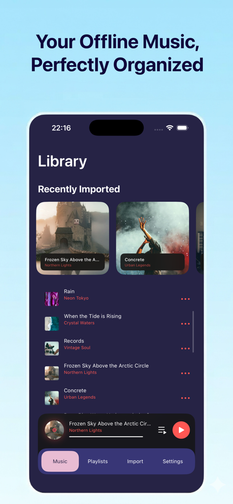 Interfaccia dell'app Musify che mostra la libreria musicale offline con album e liste di brani importati di recente