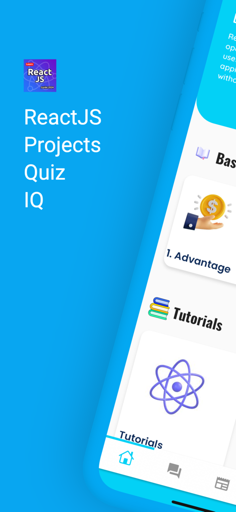 Ein Screenshot der Benutzeroberfläche der ReactJS Programming App, der Tutorial-Abschnitte und ein Navigationsmenü zeigt.