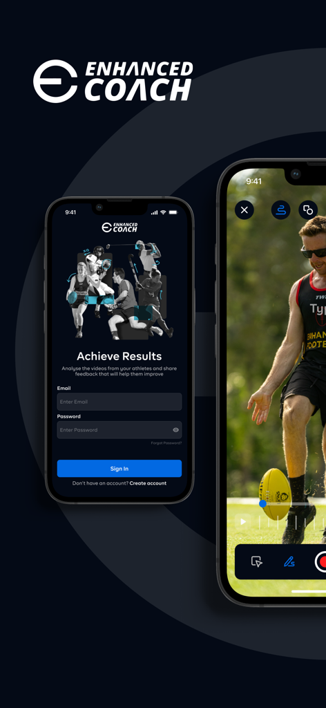 Enhanced Coach - The login screen of Enhanced Coach app alongside a video analysis feature showing an athlete on the field