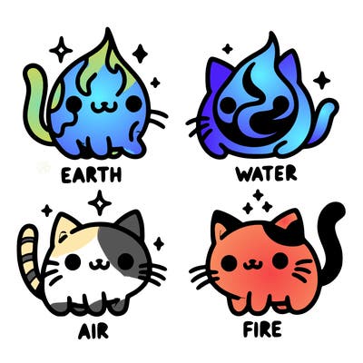4 cats that represent the different elements, earth, water, air, and fire