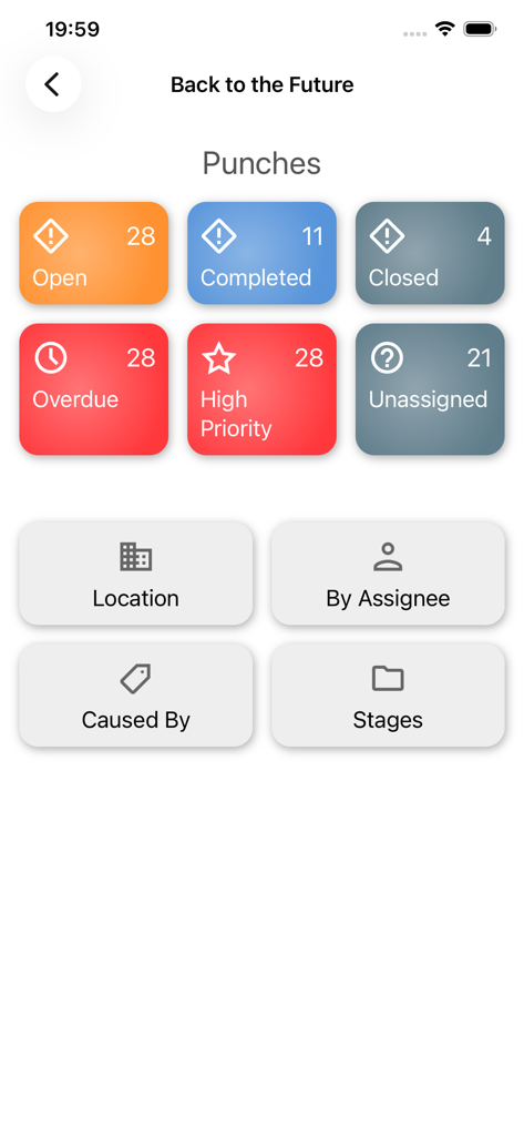 Upvise mobile dashboard showing project punch list items by status including open completed and overdue