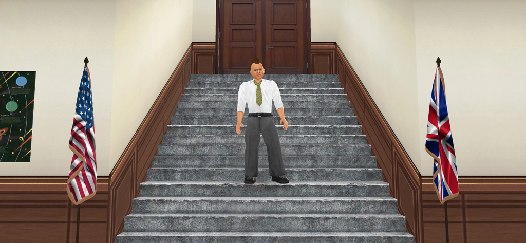 Old School 3D - Character with a mohawk standing on school stairs between US and UK flags.