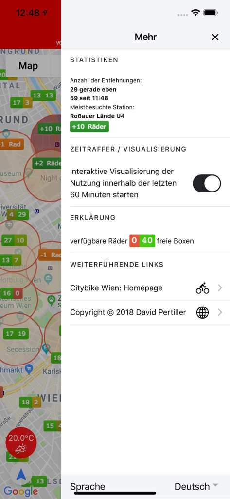 Citybikes Vienna - Menü der Citybikes Wien Mobile App, das Mietstatistiken und Stationskarte zeigt