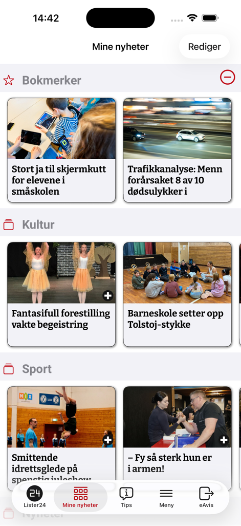 Lister24 - The Lister24 news app interface displaying personalized news categories for local culture and sports.