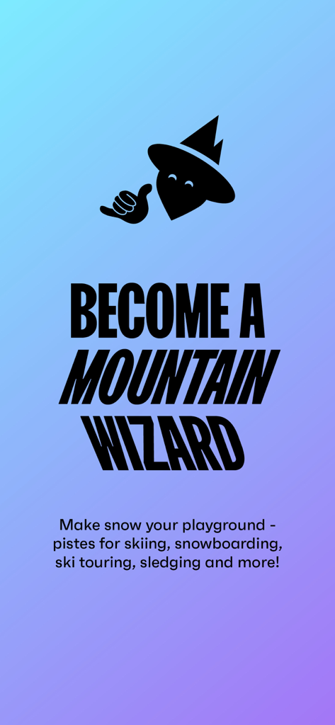 MowiSnow - Pantalla promocional de la aplicación MowiSnow con el eslogan Conviértete en un Mago de la Montaña y un logo de personaje de mago para el seguimiento de deportes de invierno