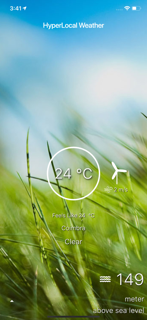 Hyper Local Weather - Hyper Local Weather app screen displaying temperature wind speed and elevation above sea level