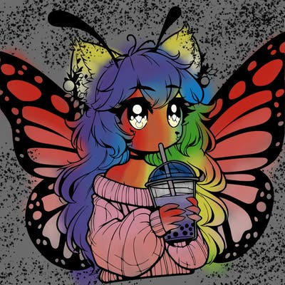 a realistic butterfly/furry girl drinking boba
