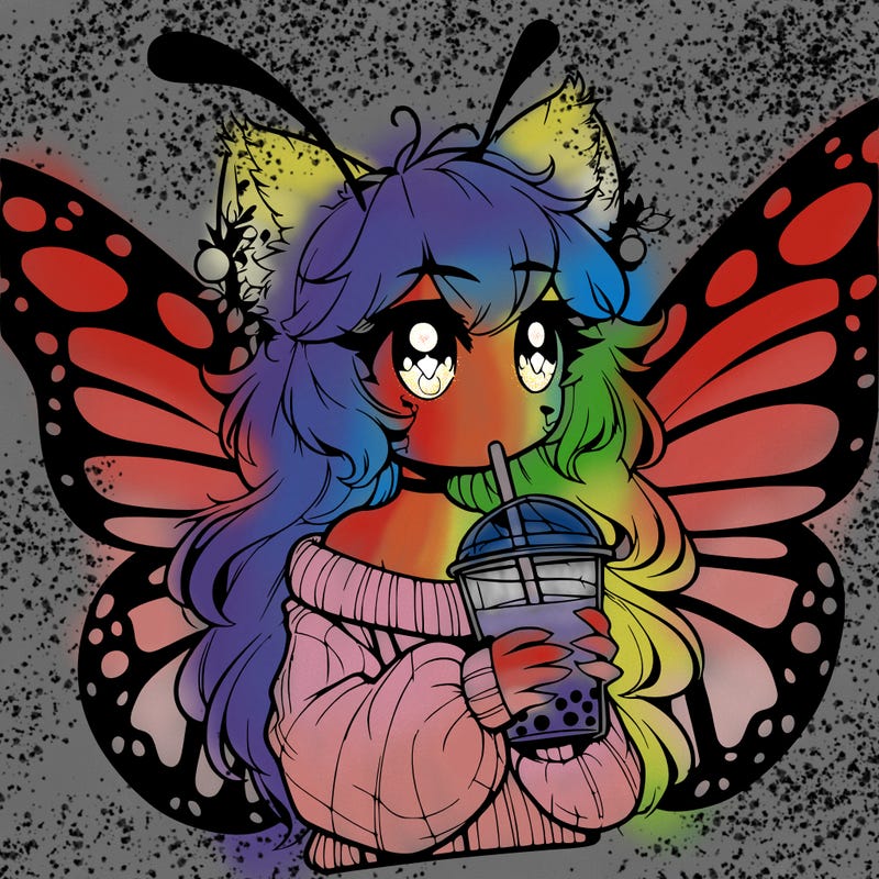 a realistic butterfly/furry girl drinking boba