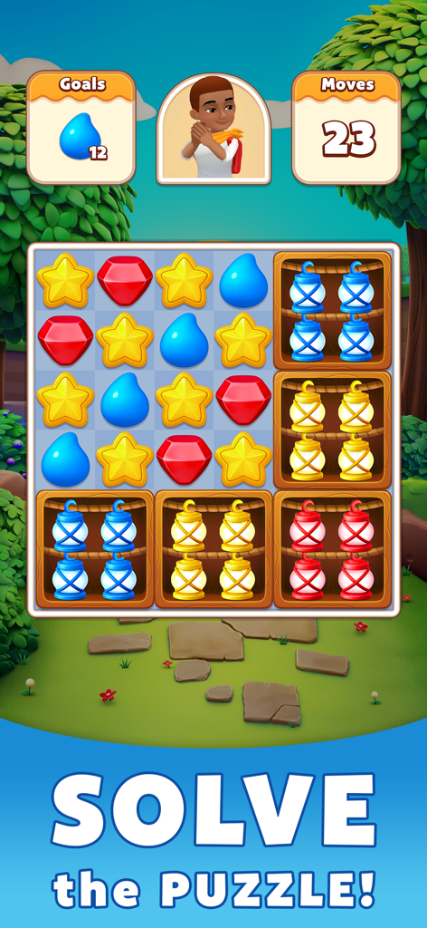 Match three puzzle level in Treasure Party featuring stars, gems, and water drop goals.