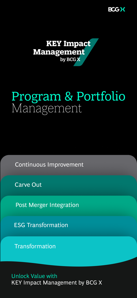 KEY Impact Management by BCG X - A mobile screen showing the Program and Portfolio Management options in the KEY Impact Management app by BCG X