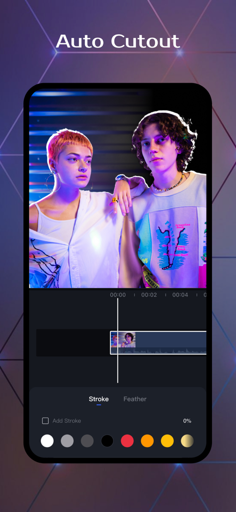 OviCut app interface demonstrating the auto cutout feature on two people with customizable stroke colors