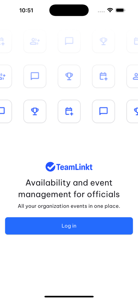 TeamLinkt Officials - TeamLinkt Officials app welcome screen with login button and text describing event management for sports officials