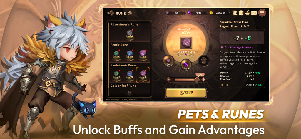 Nine Chronicles Mのキャラクターとルーンアップグレードメニューインターフェース