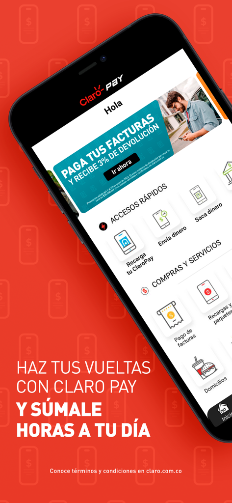 Claro Pay Colombia - Smartphone displaying the Claro Pay Colombia app interface with options to pay bills and send money