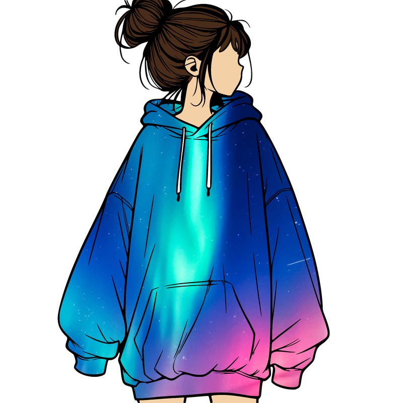 realistic girl with a oversized sweatshirt on and a bun