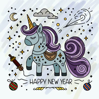 happy new year illustration calligraphic style outline; thin lines; light colors