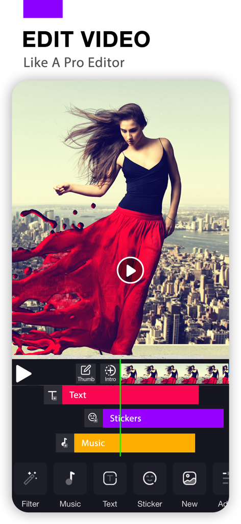 Photo Video Maker With Music - Interfaz de editor de video móvil que muestra pistas de línea de tiempo para stickers de texto y música en un proyecto de video