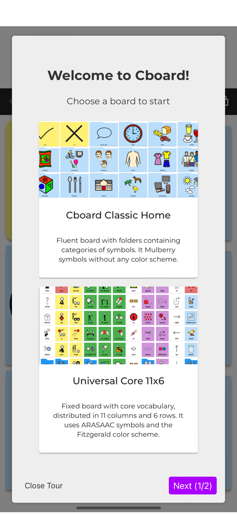 AAC Cboard APP - Cboard AAC app welcome screen showing communication board selection options