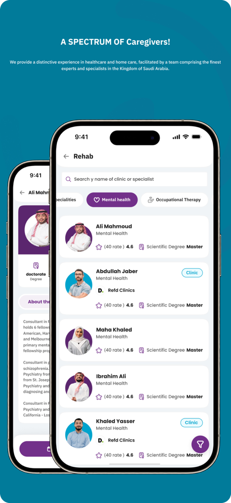 Refd | رفد - Smartphone screen showing the Refd app interface for browsing and booking mental health specialists in Saudi Arabia