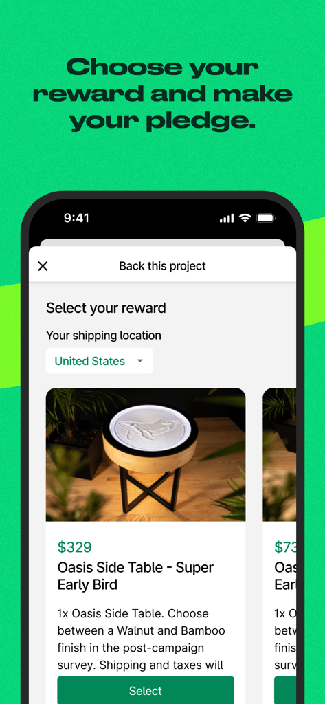 A mobile interface of the Kickstarter app showing a user selecting a reward tier for a project pledge.