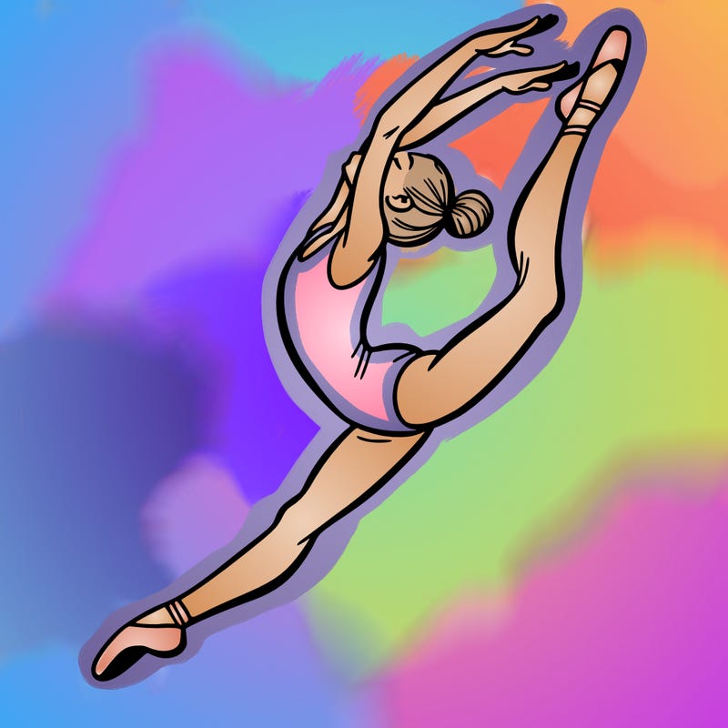gymnast doing a leap in a leotard with a bent back leg