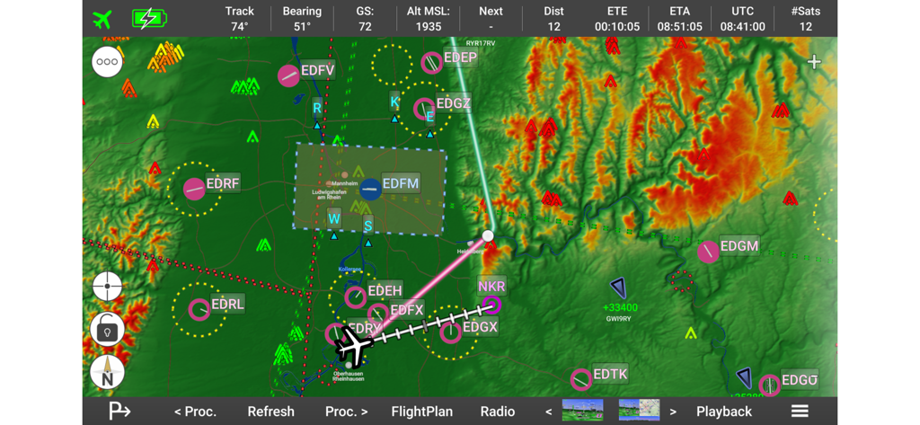 Moving map interface of the Horizon Portable Glass Cockpit app