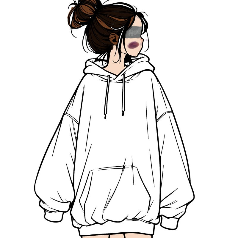 realistic girl with a oversized sweatshirt on and a bun