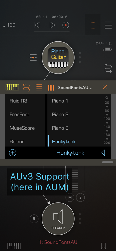SoundFonts AUv3 plugin interface running inside AUM with Honky-tonk patch selected